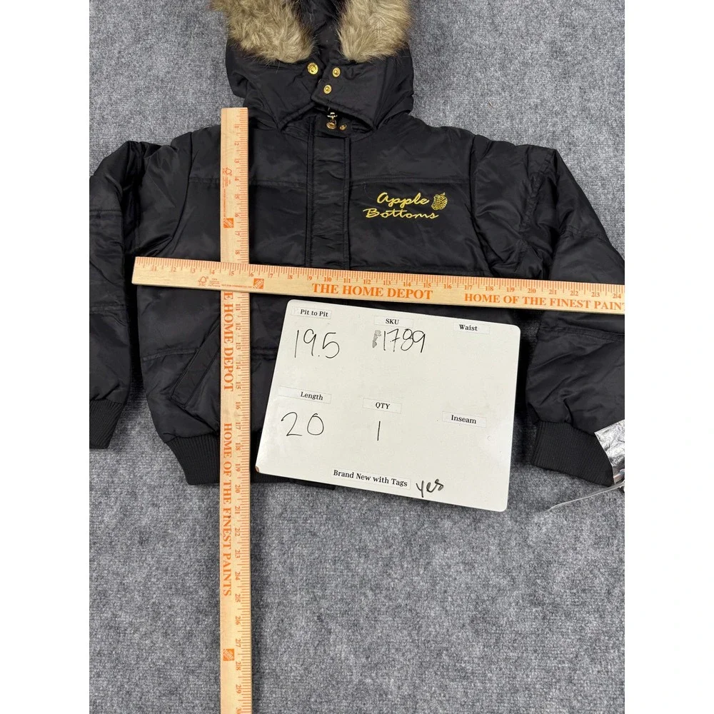 VTG‎ Apple Bottoms Puffer Jacket Black Fur Hood Zip Up Rhinestone Size L